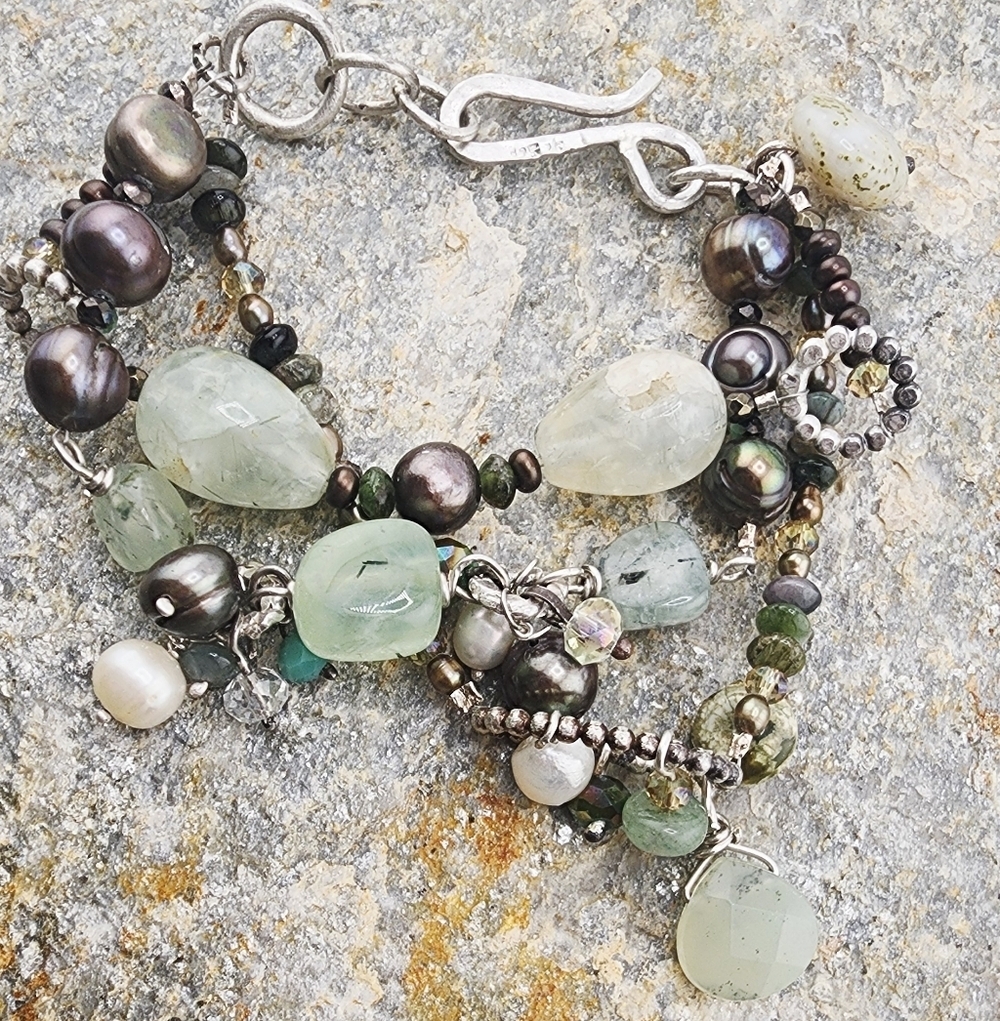 PREHINITE, AFRICAN TURQUOISE & PEARLS DANGLING BRACELET HANDMADE IN STERLING